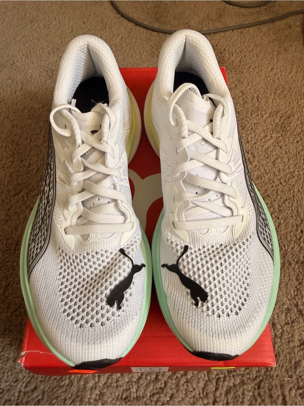 Puma Men’s White Athletic Runners with Mint Green Midsole and Black Logo
